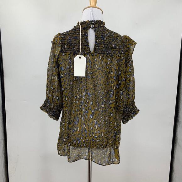 Cotton Chicks Blouse Womens S Small Multi Semi Sheer Smocked Puff Sleeve Leopard - Picture 6 of 14
